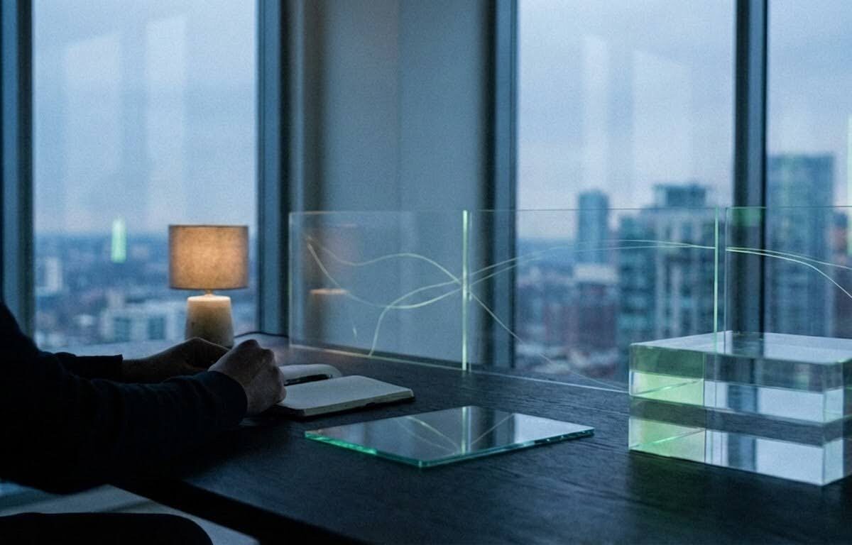 AI-powered digital marketing workspace with futuristic analytics visualization at HiHat agency office