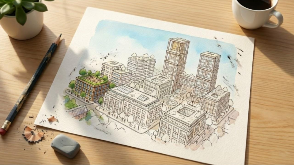 A hand-drawn illustration of a cityscape on paper shows multiple buildings in various stages of construction, resting on a wooden desk with pencils, an eraser, and a coffee cup nearby.