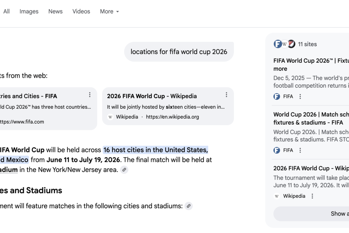 screenshot of a AI search results page showing citations for the query "locations for fifa world cup 2026"