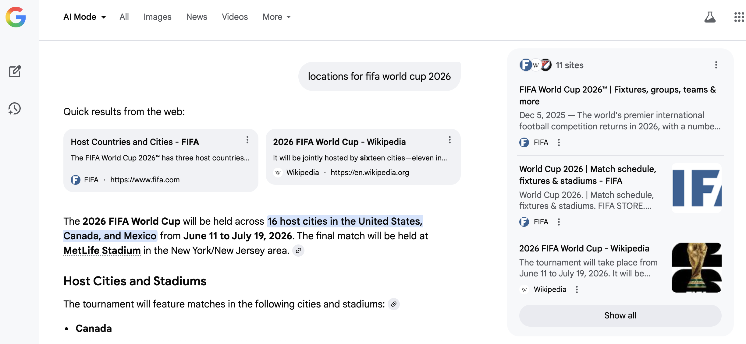 screenshot of a AI search results page showing citations for the query "locations for fifa world cup 2026"