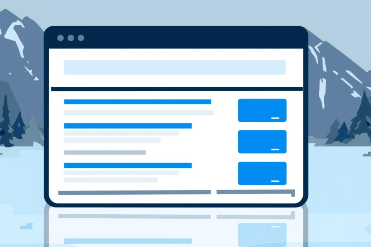 Illustration of a webpage layout shown in front of snowy mountains and trees, with blue blocks representing buttons.