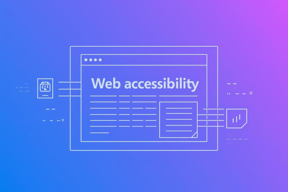 Wireframe illustration of a browser window displaying web accessibility concept with navigation sidebar, text content, and interface elements on a blue-purple gradient background