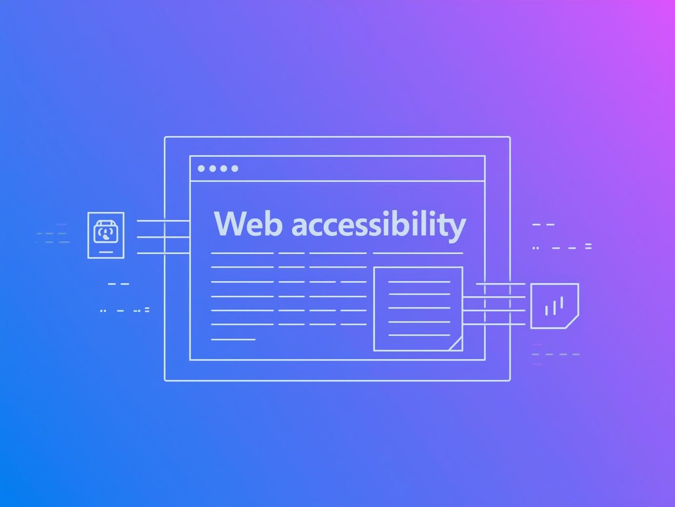 Wireframe illustration of a browser window displaying web accessibility concept with navigation sidebar, text content, and interface elements on a blue-purple gradient background