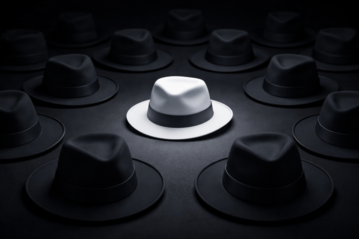 a image of a white fedora hat surrounded by black fedora hats on a table