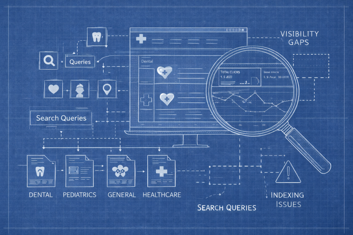 Blueprint-style illustration showing a medical practice website analyzed through Google Search Console with search data, service pages, and visibility issues visualized.