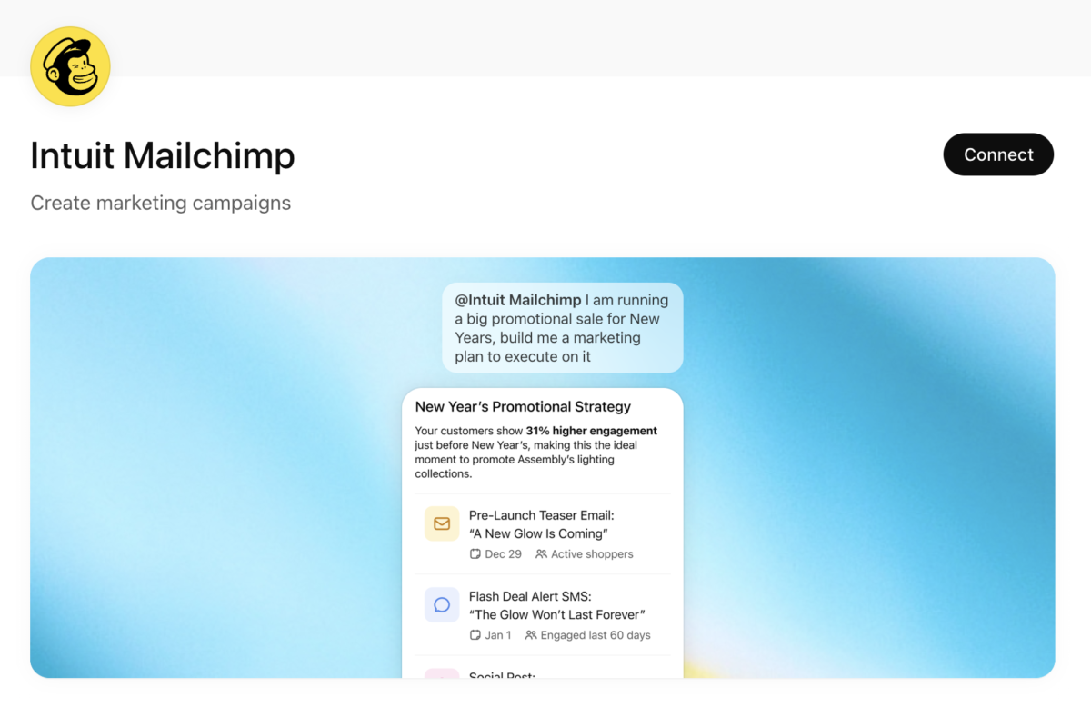 a screenshot of Mailchimp's new ChatGPT app in the ChatGPT app store