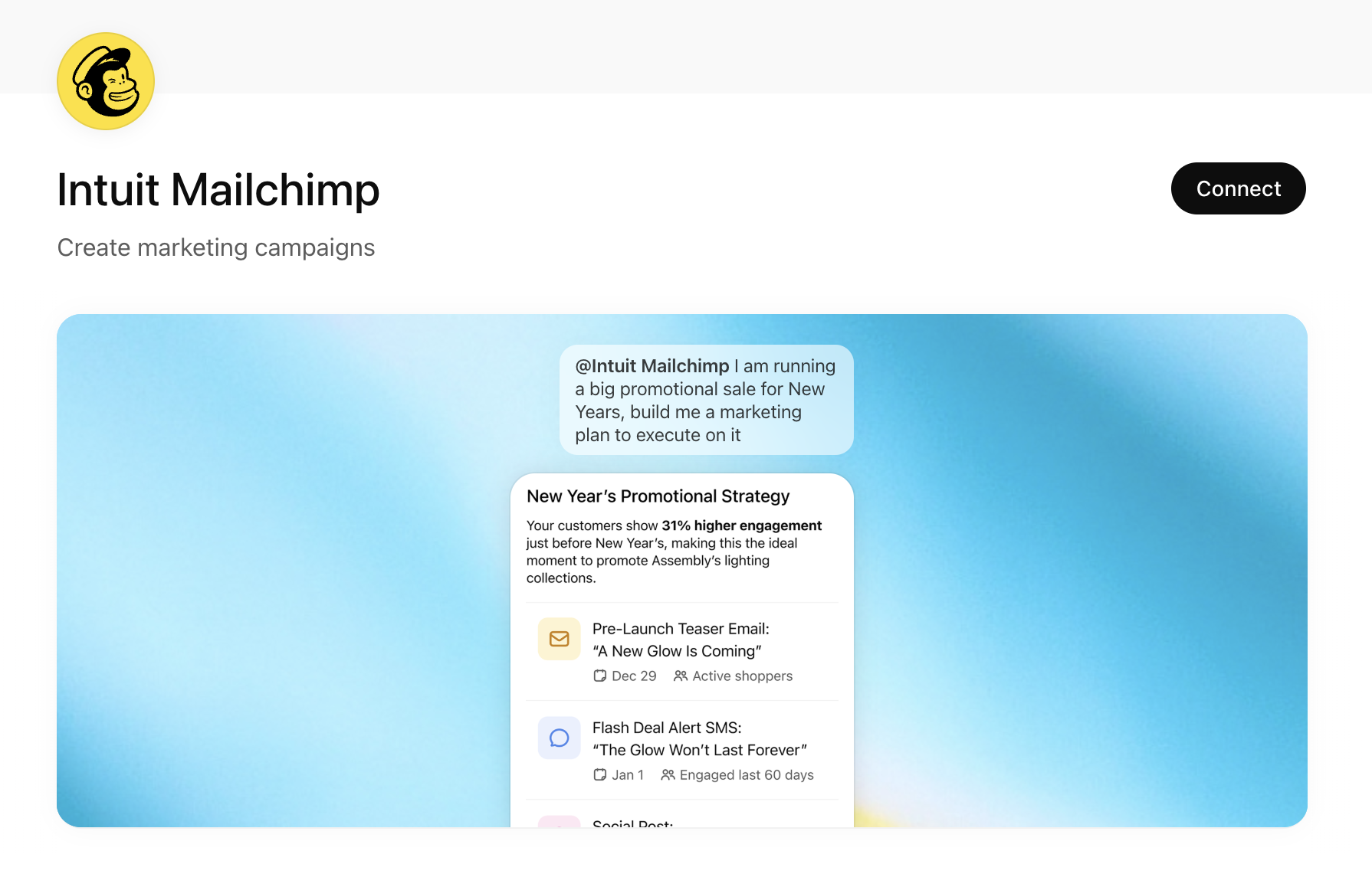 a screenshot of Mailchimp's new ChatGPT app in the ChatGPT app store