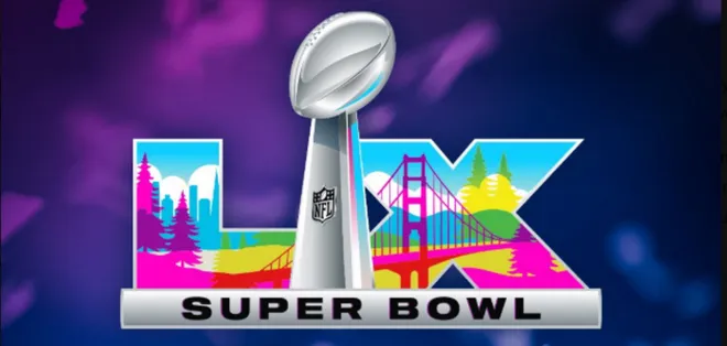 The official Super Bowl LX logo featuring the Vince Lombardi Trophy in the foreground. In the background, the Roman numerals 'LX' are filled with a vibrant CMYK-themed illustration of Northern California landmarks, including the San Francisco skyline, the Golden Gate Bridge, and coastal redwood trees. The color palette is exceptionally diverse, featuring gradients of hot pink, cyan, magenta, yellow, bright green, and royal blue under a bright blue sky.